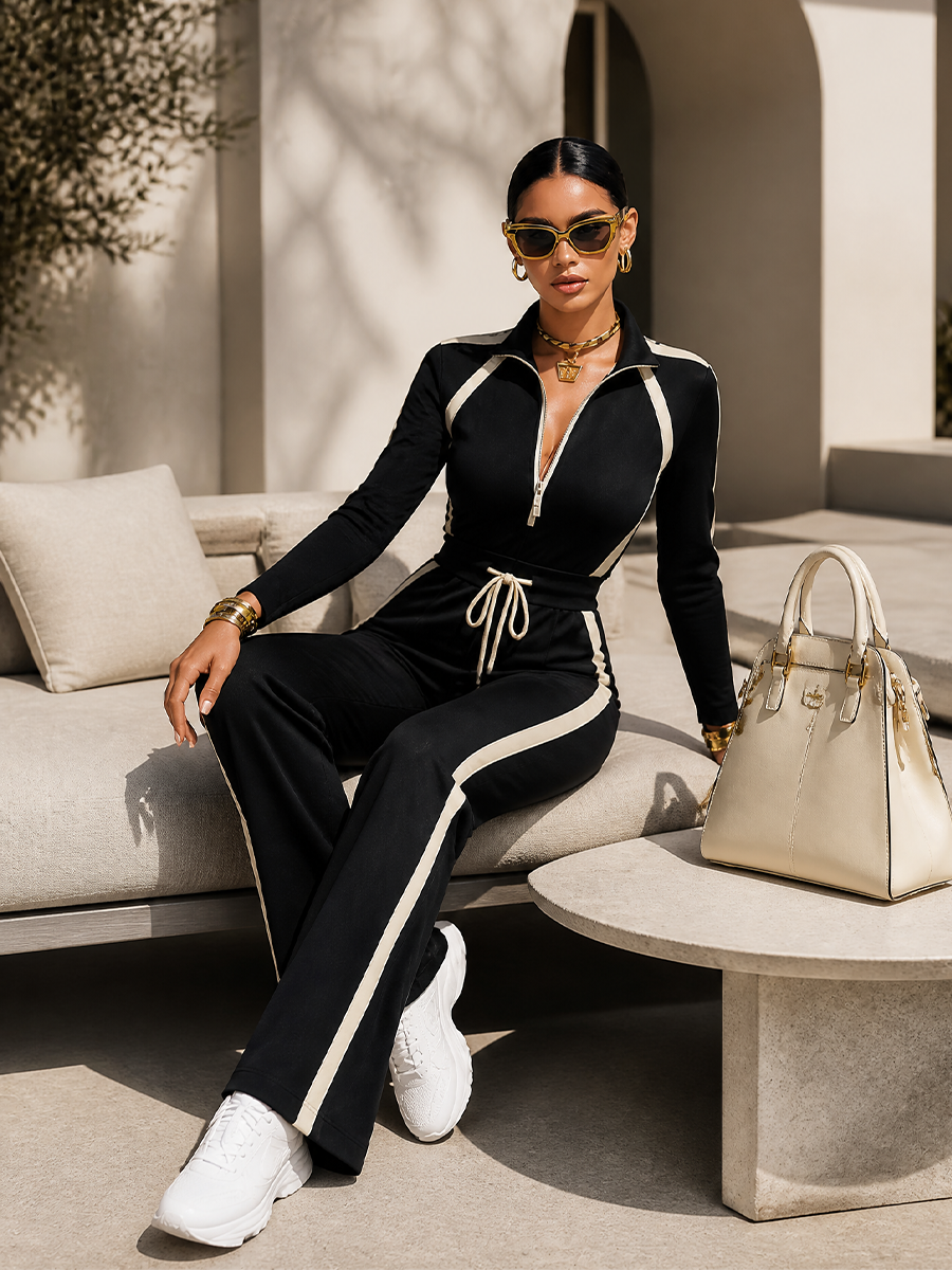 MONICA | Conjunto de Chándal con Rayas en Contraste Negras, Top con Cremallera y Pantalón de Pierna Ancha con Cordón