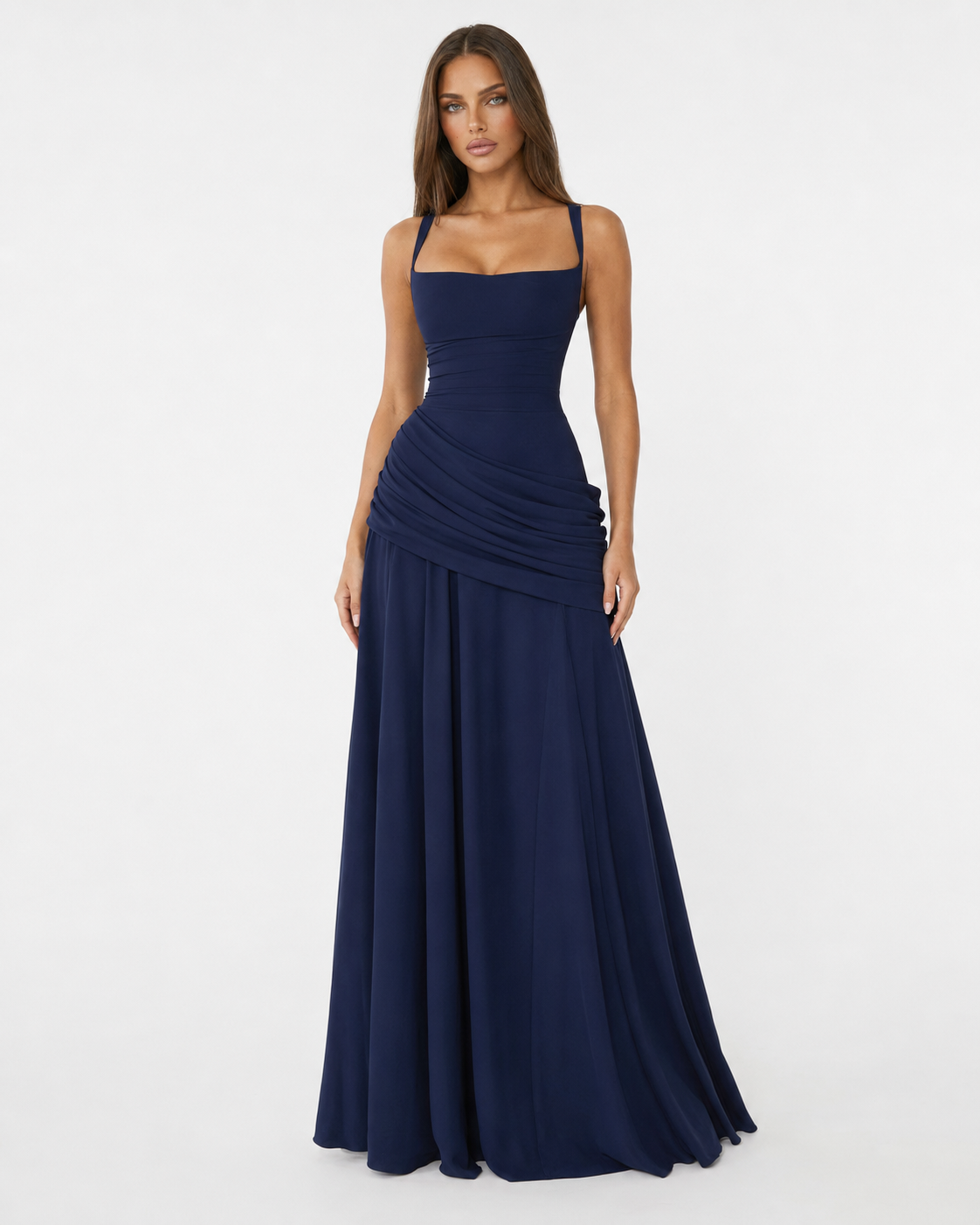 ENIE | Vestido maxi con escote cuadrado fruncido.