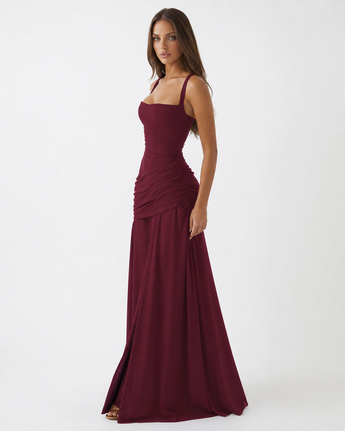 ENIE | Vestido maxi con escote cuadrado fruncido.