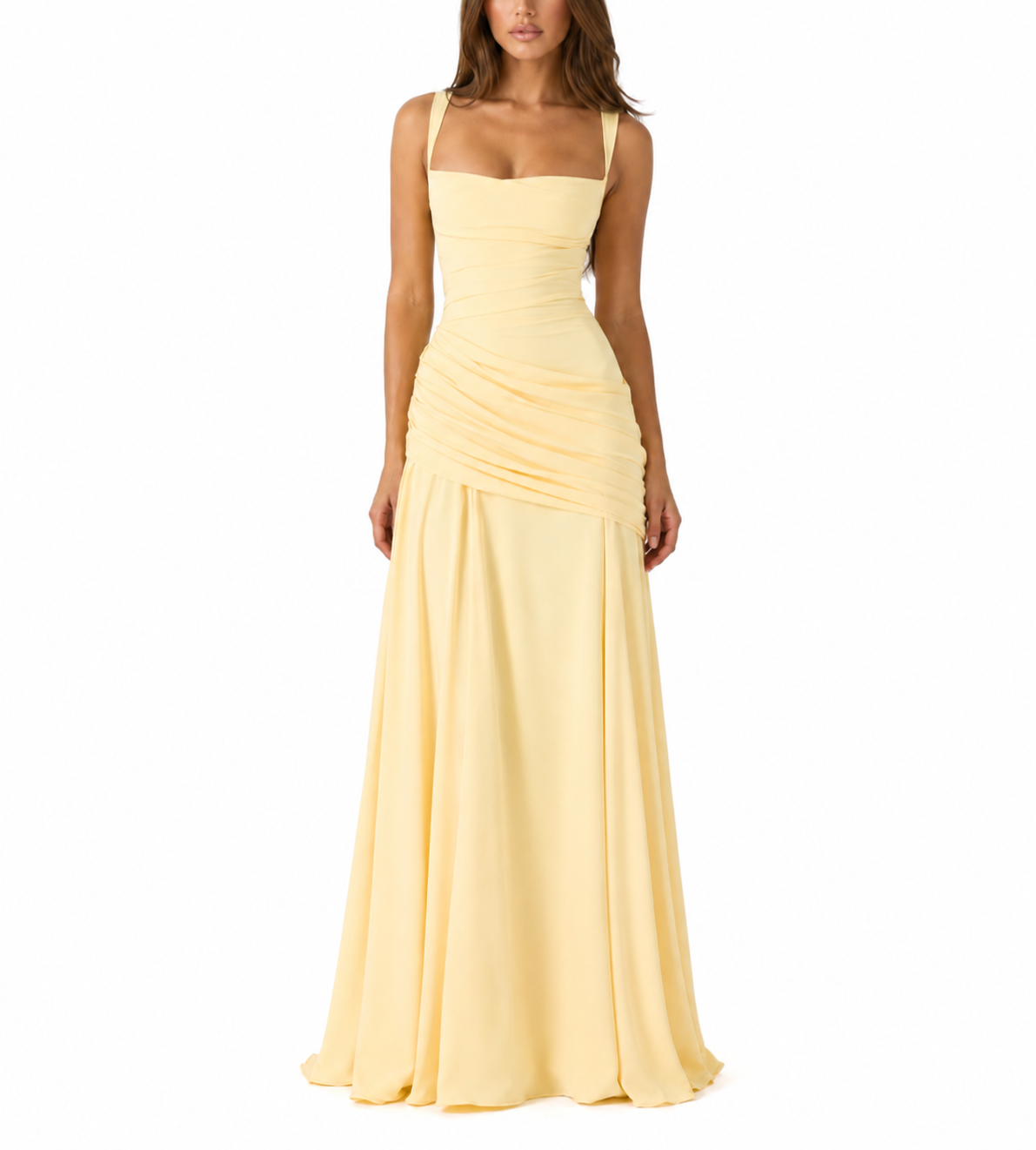 ENIE | Vestido maxi con escote cuadrado fruncido.