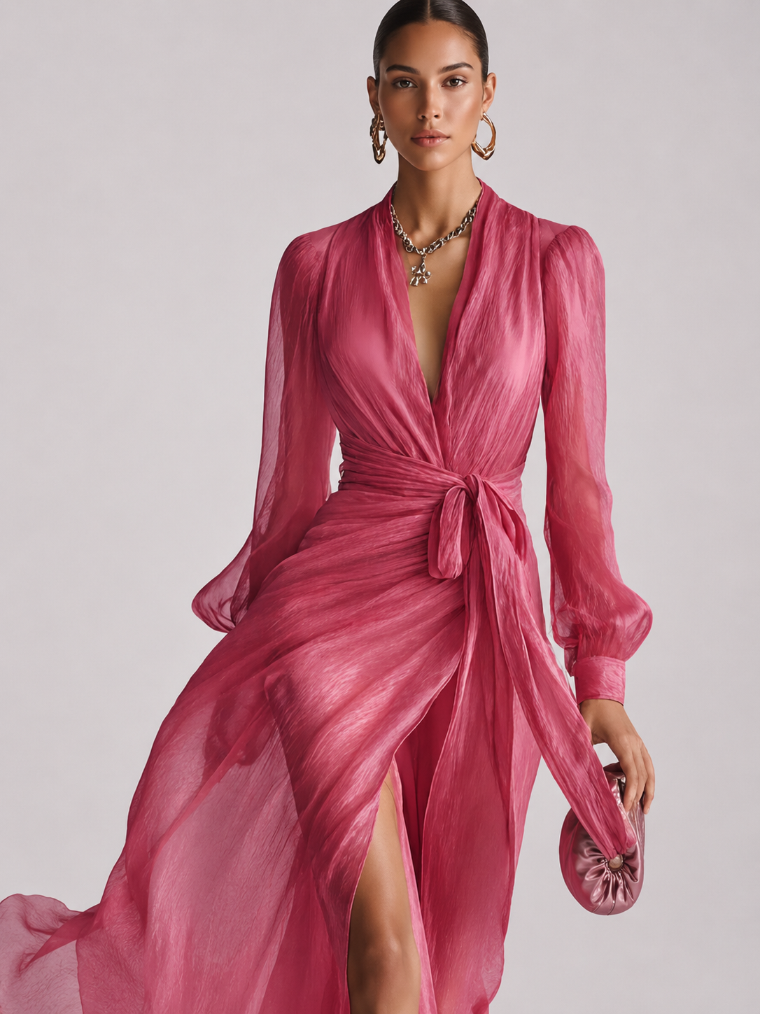 BEATRICE | Elegante vestido largo entallado de gasa con escote en V
