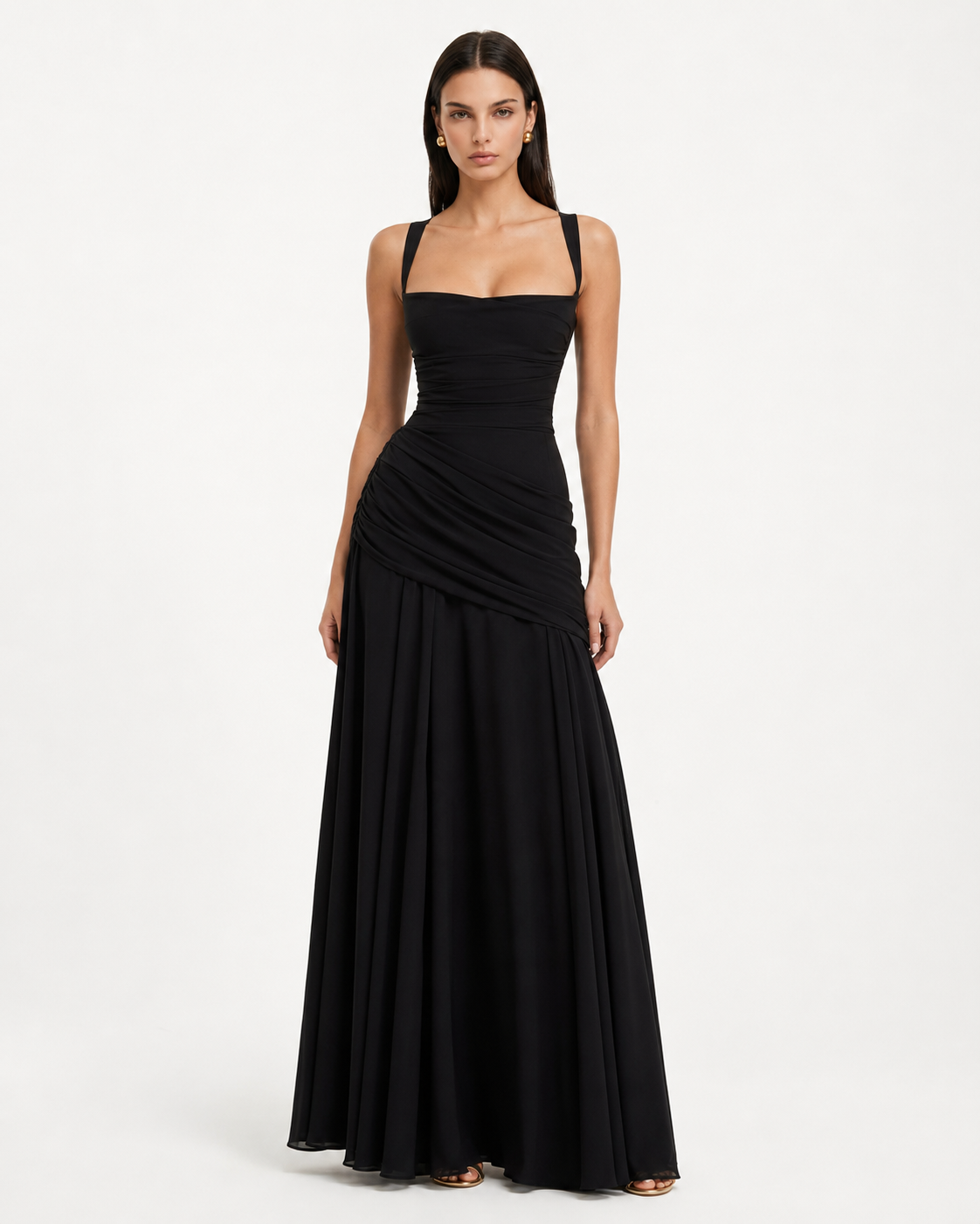 ENIE | Vestido maxi con escote cuadrado fruncido.