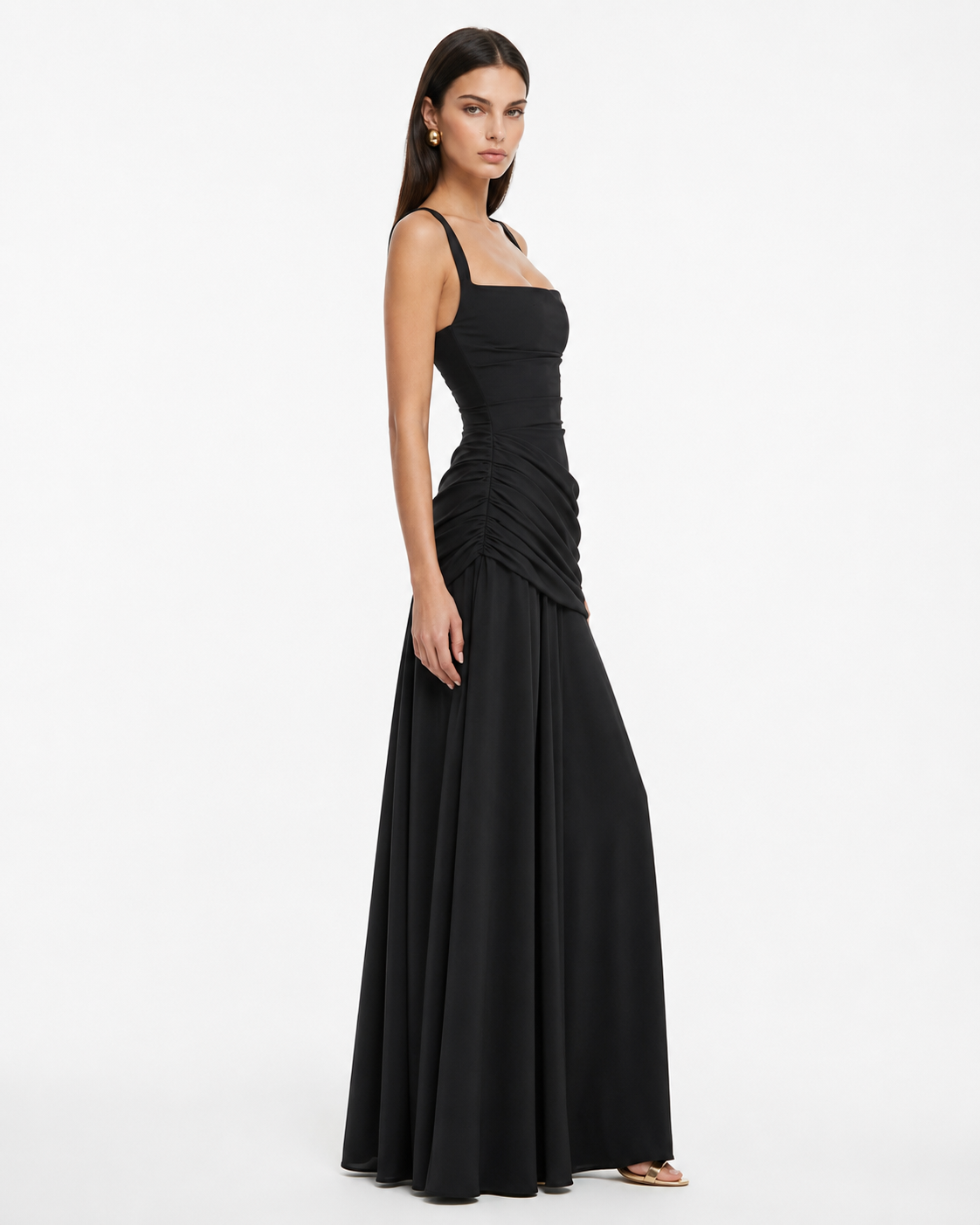 ENIE | Vestido maxi con escote cuadrado fruncido.