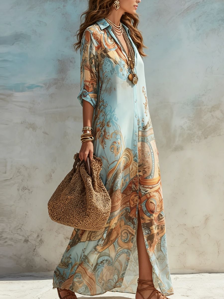 VALERIA | Vestido Maxi con Estampado Floral Azul para Vacaciones