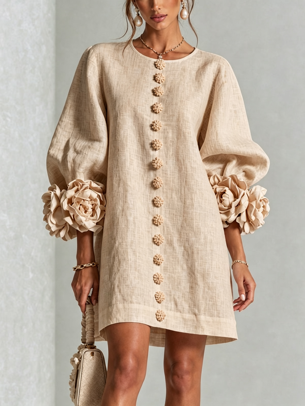 AMBRA | Vestido Mini en Mezcla de Lino con Puños Anudados en Rosa, Beige