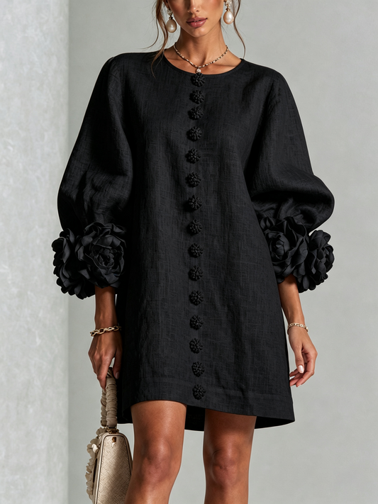 CECILIA | Vestido Mini en Mezcla de Lino con Puños Anudados en Rosa, Negro
