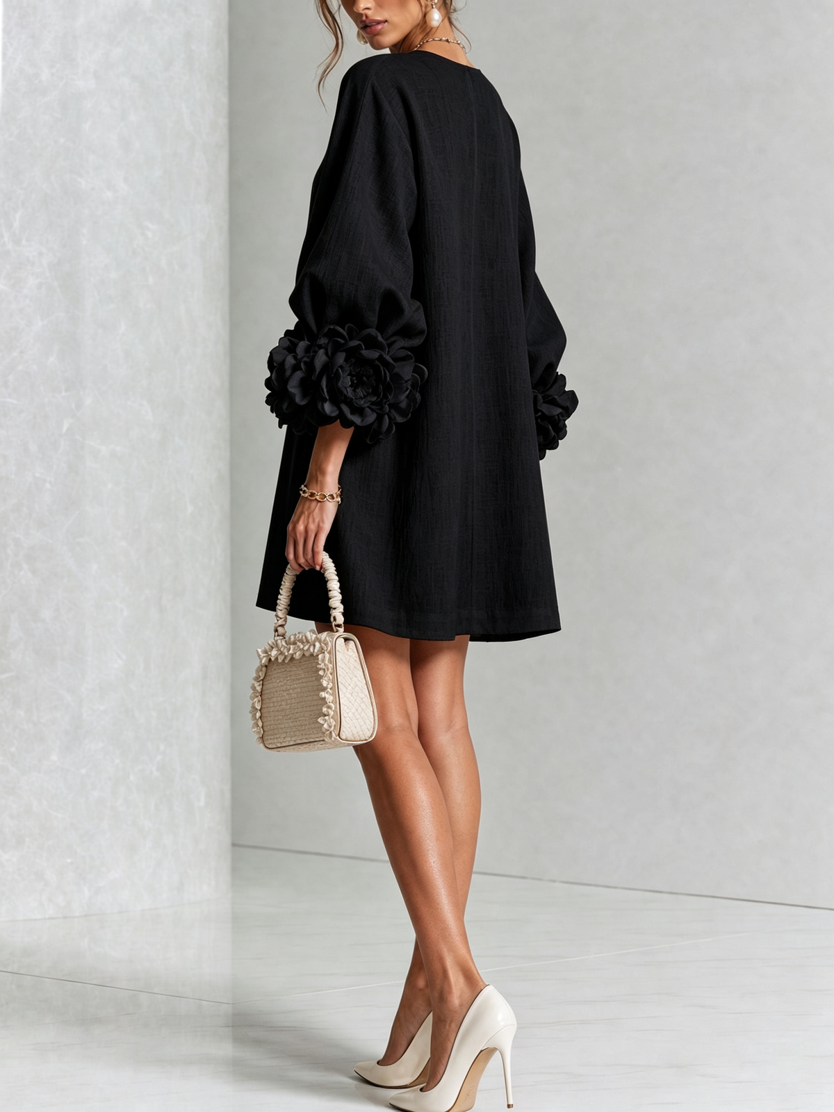CECILIA | Vestido Mini en Mezcla de Lino con Puños Anudados en Rosa, Negro