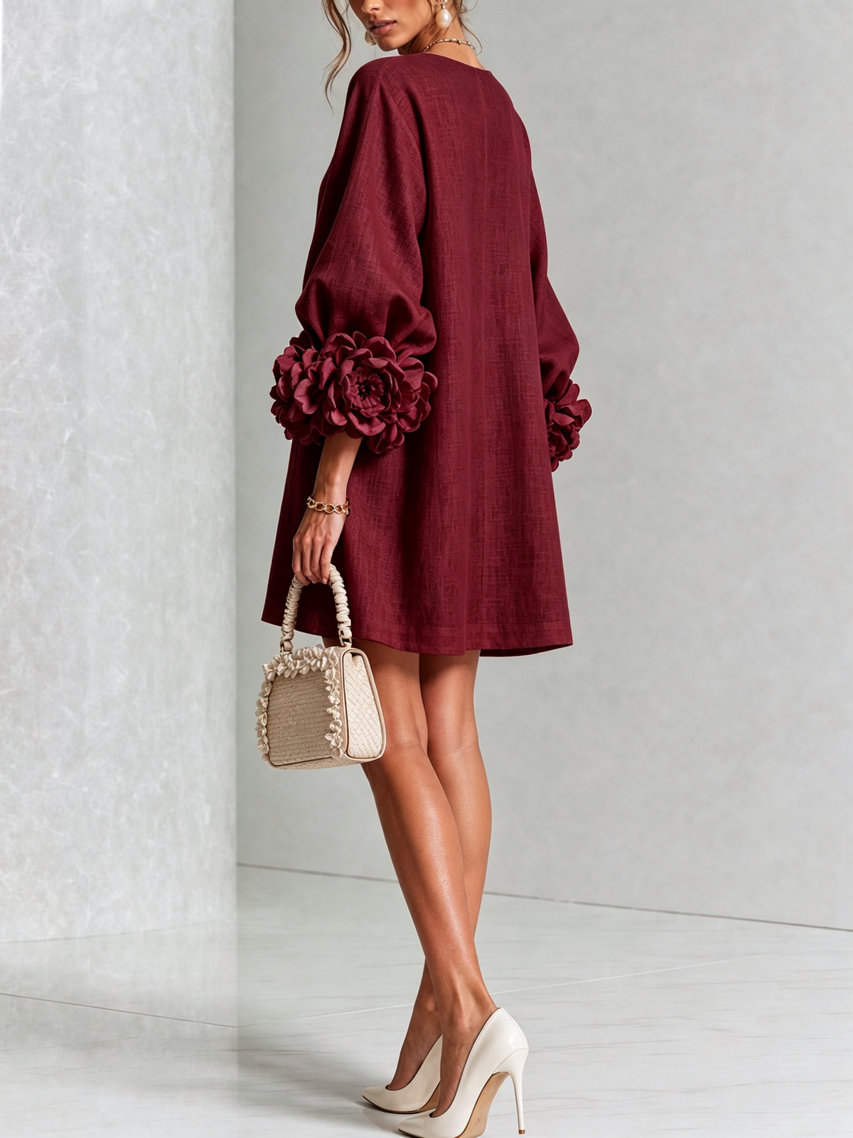 ILARIA | Vestido Mini en Mezcla de Lino con Puños Anudados en Rosa, Burdeos