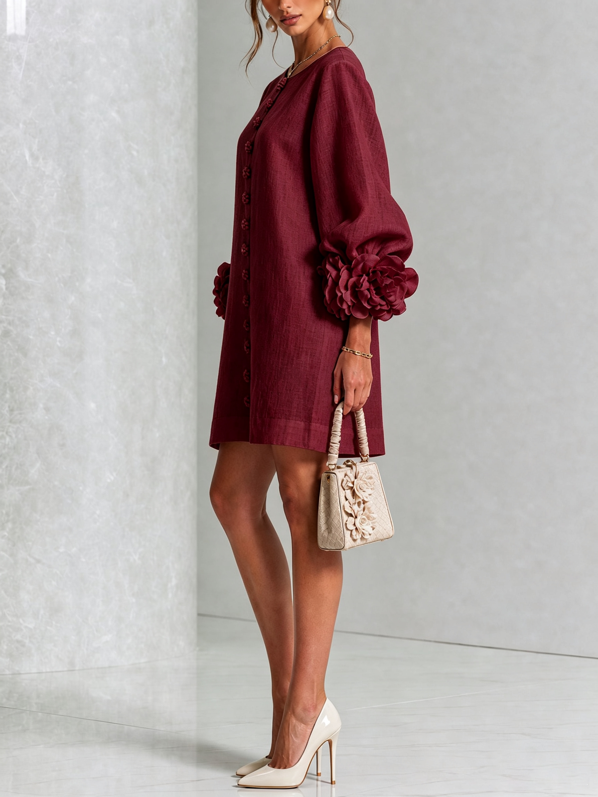 ILARIA | Vestido Mini en Mezcla de Lino con Puños Anudados en Rosa, Burdeos
