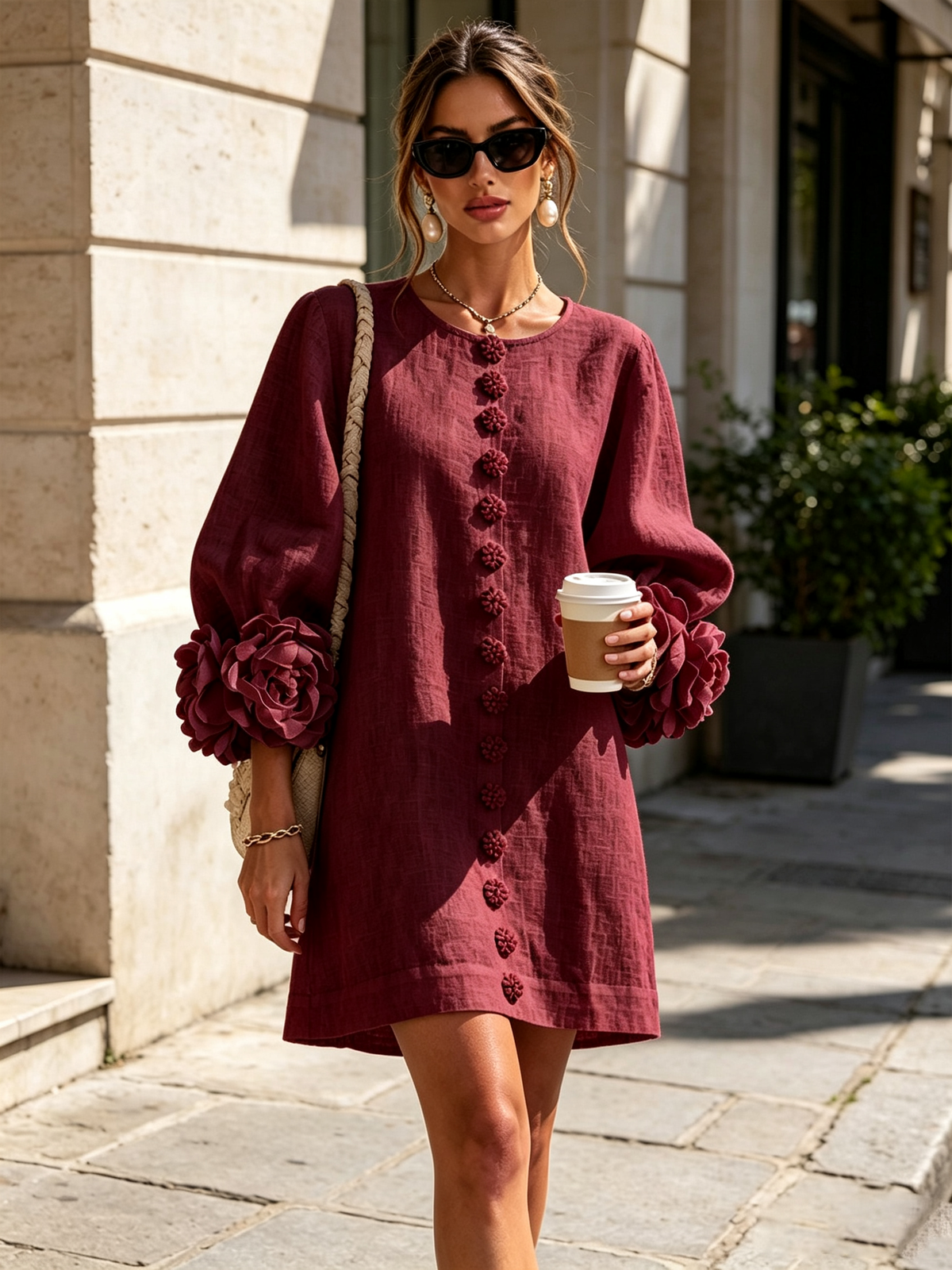 ILARIA | Vestido Mini en Mezcla de Lino con Puños Anudados en Rosa, Burdeos