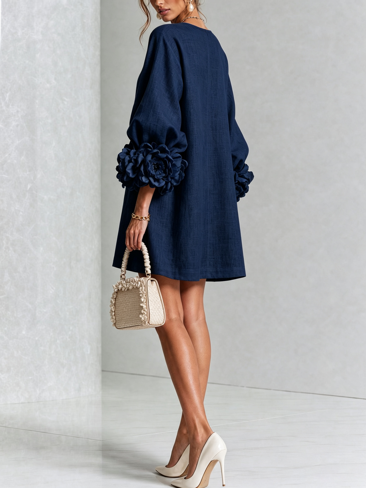 MARINA | Vestido Mini en Mezcla de Lino con Puños Anudados en Rosa, Azul Marino