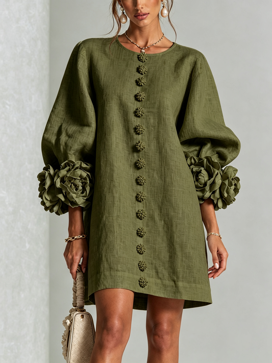 GAIA | Vestido Mini en Mezcla de Lino con Puños Anudados en Rosa, Verde Oliva