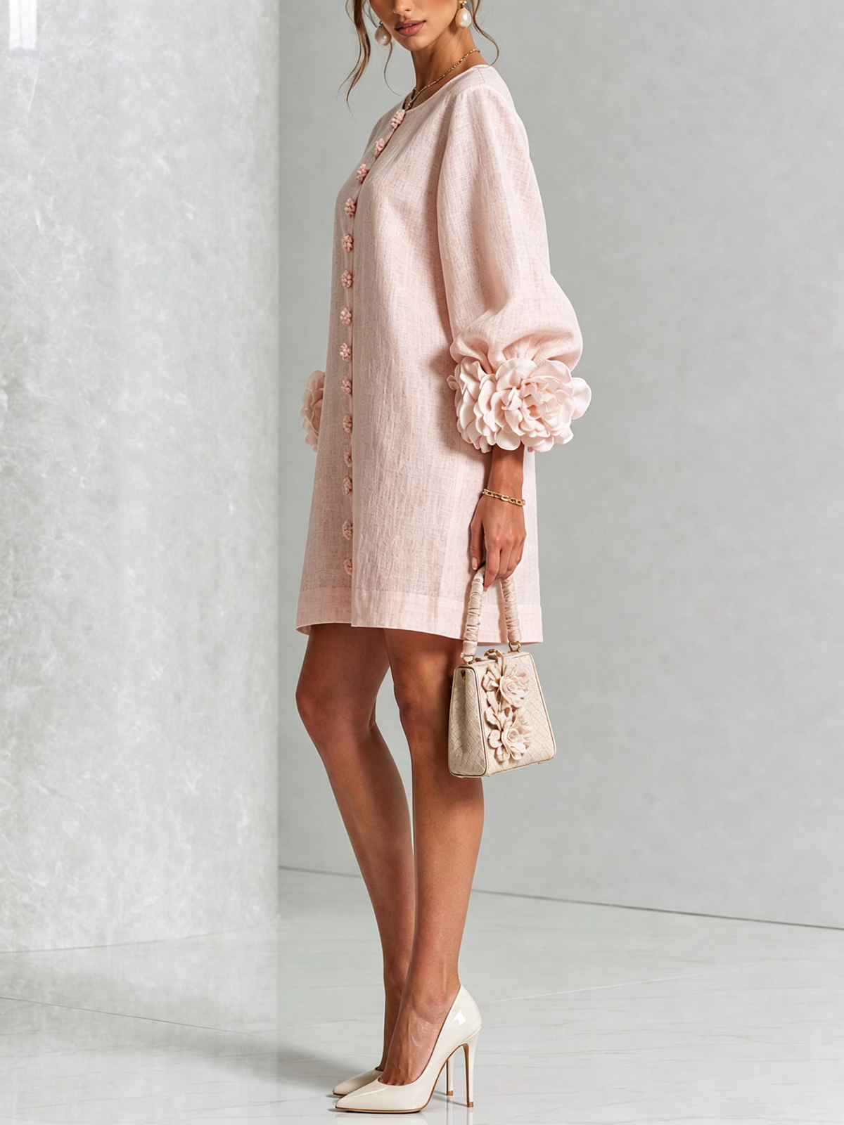 NOEMI | Vestido Mini en Mezcla de Lino con Puños Anudados en Rosa, Rosa