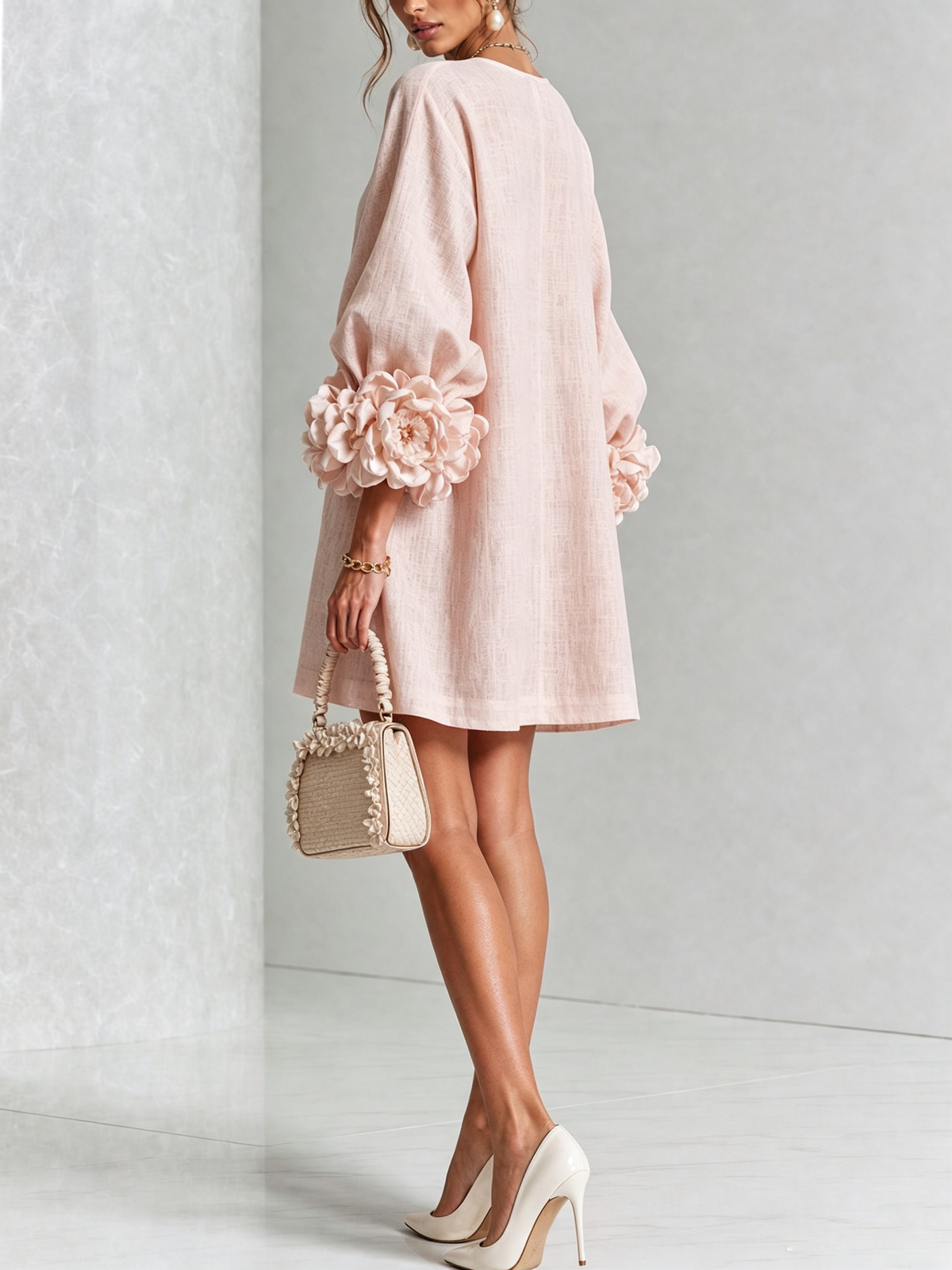 NOEMI | Vestido Mini en Mezcla de Lino con Puños Anudados en Rosa, Rosa