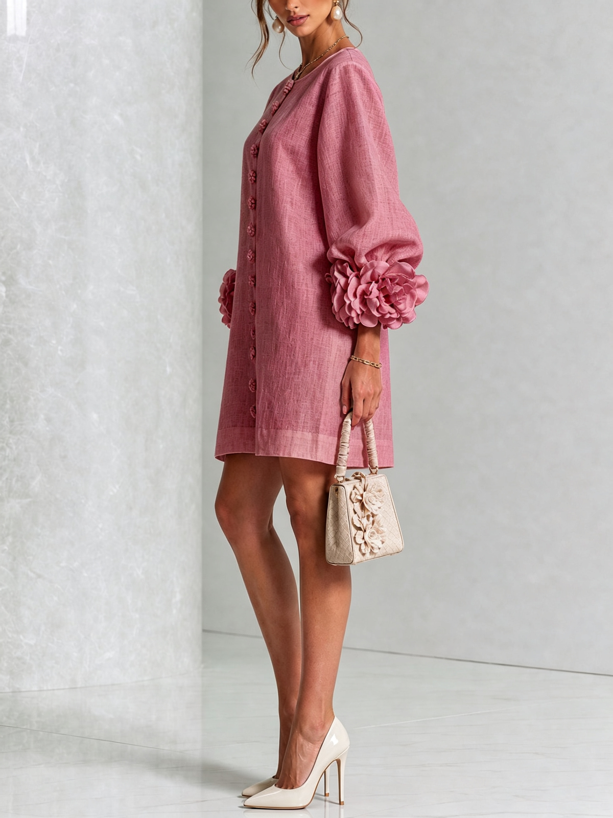 ALBA | Vestido Mini en Mezcla de Lino con Puños Anudados en Rosa, Rosa Antiguo