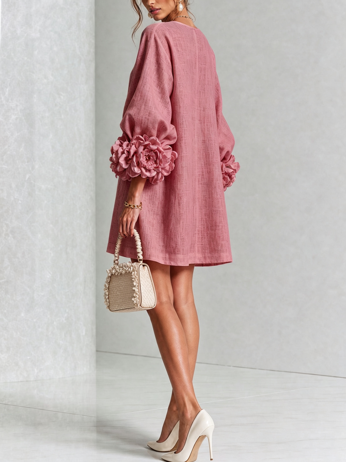 ALBA | Vestido Mini en Mezcla de Lino con Puños Anudados en Rosa, Rosa Antiguo