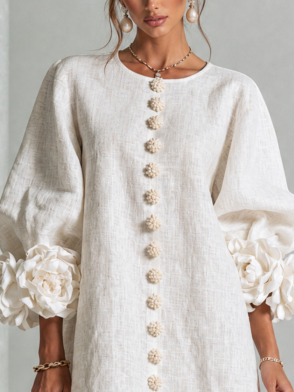 CHIARA | Vestido Mini en Mezcla de Lino con Puños Anudados en Rosa, Blanco