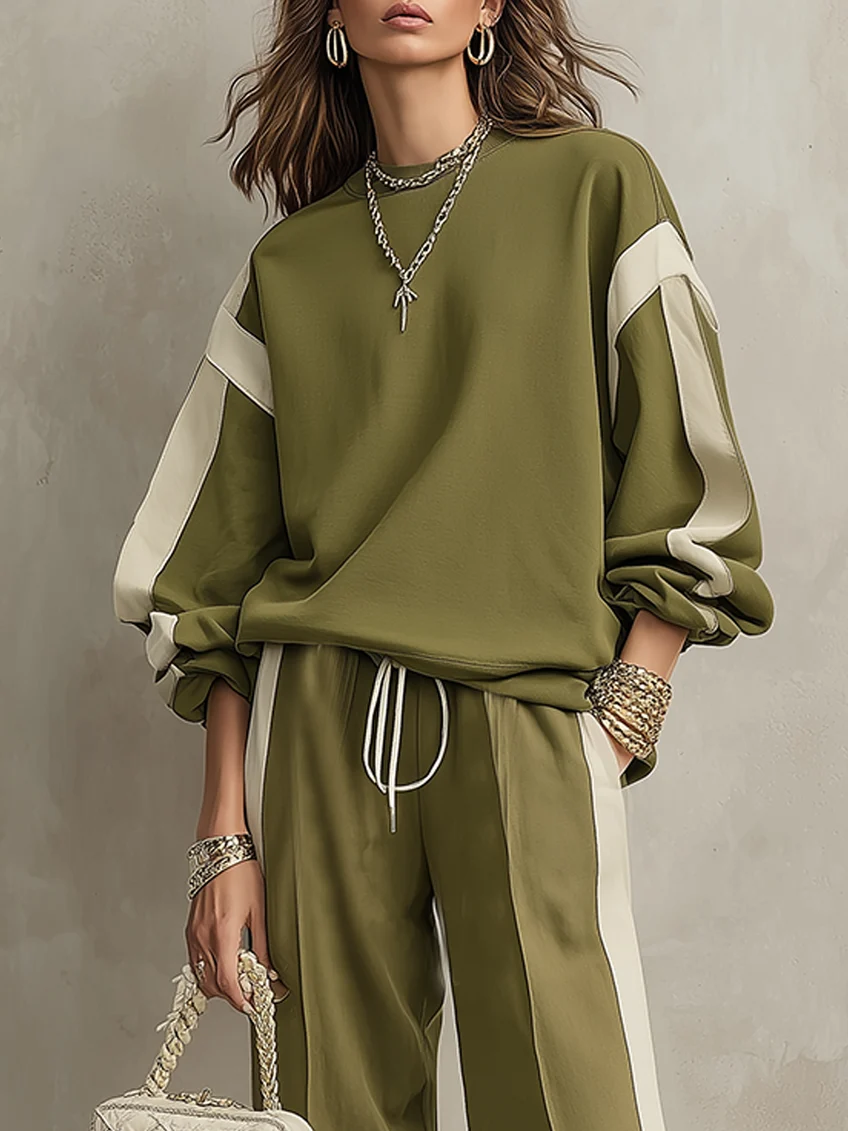 SONIA | Conjunto Casual de Sudadera Verde Oliva de Cuello Redondo y Pantalón Ancho con Cordón