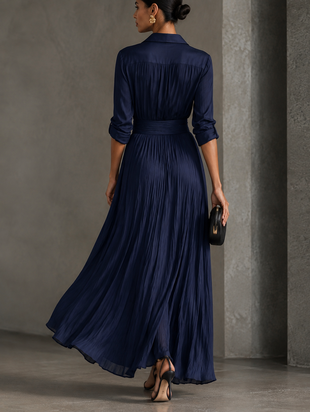GABRIELLA | Elegante Vestido Camisero Maxi Azul Marino Anudado