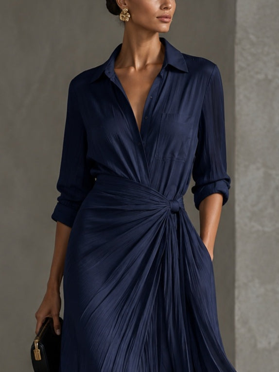 GABRIELLA | Elegante Vestido Camisero Maxi Azul Marino Anudado