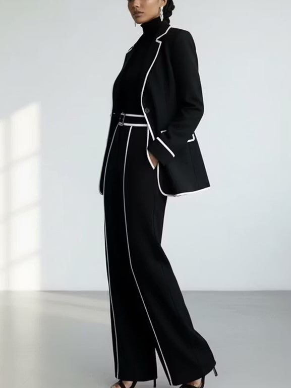 CLAUDIA | Conjunto de Dos Piezas de Blazer con Ribete en Contraste Negro y Pantalón de Pierna Ancha