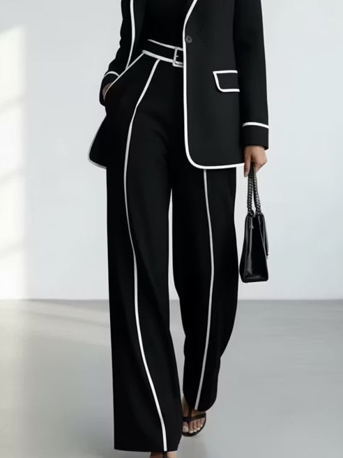 CLAUDIA | Conjunto de Dos Piezas de Blazer con Ribete en Contraste Negro y Pantalón de Pierna Ancha