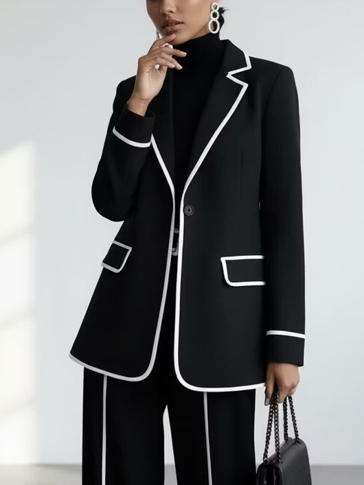 CLAUDIA | Conjunto de Dos Piezas de Blazer con Ribete en Contraste Negro y Pantalón de Pierna Ancha