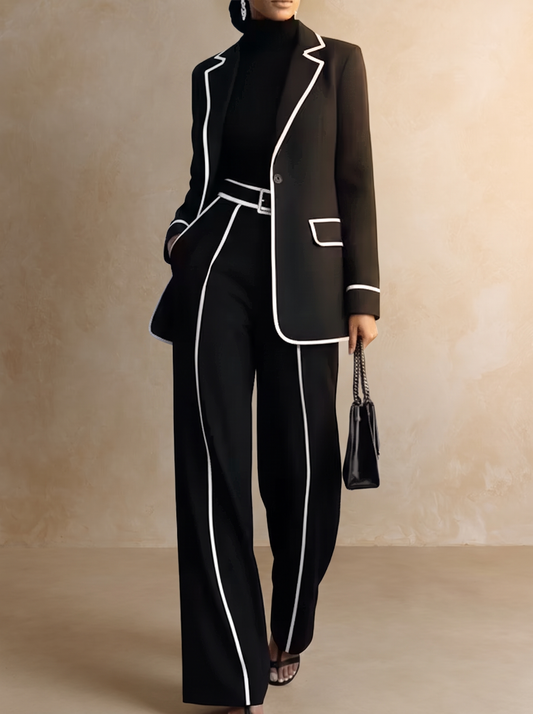 CLAUDIA | Conjunto de Dos Piezas de Blazer con Ribete en Contraste Negro y Pantalón de Pierna Ancha