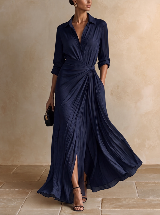 GABRIELLA | Elegante Vestido Camisero Maxi Azul Marino Anudado