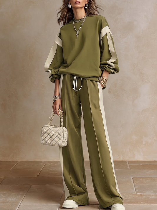SONIA | Conjunto Casual de Sudadera Verde Oliva de Cuello Redondo y Pantalón Ancho con Cordón