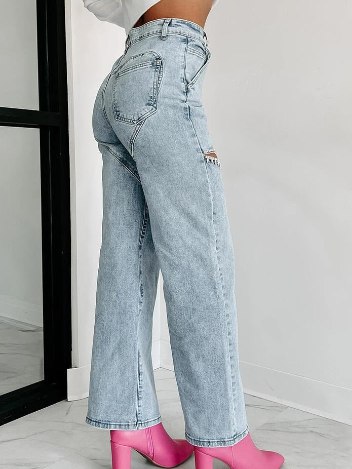 Ingrid | Jeans rectos desgastados con detalle Strass