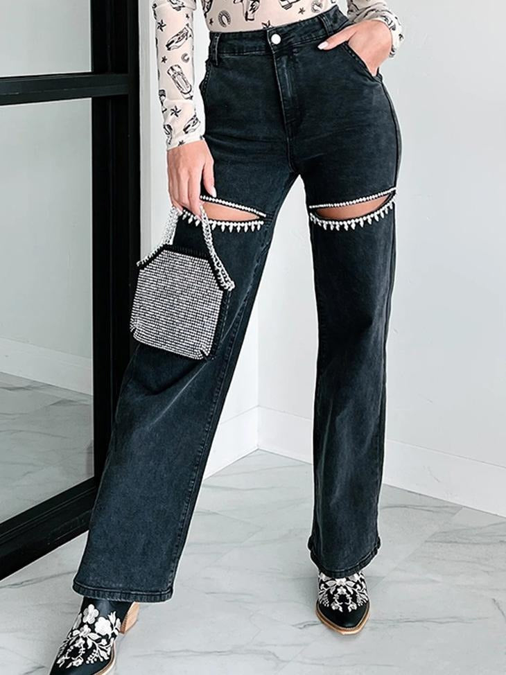 Ingrid | Jeans rectos desgastados con detalle Strass