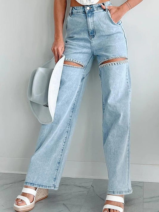 Ingrid | Jeans rectos desgastados con detalle Strass