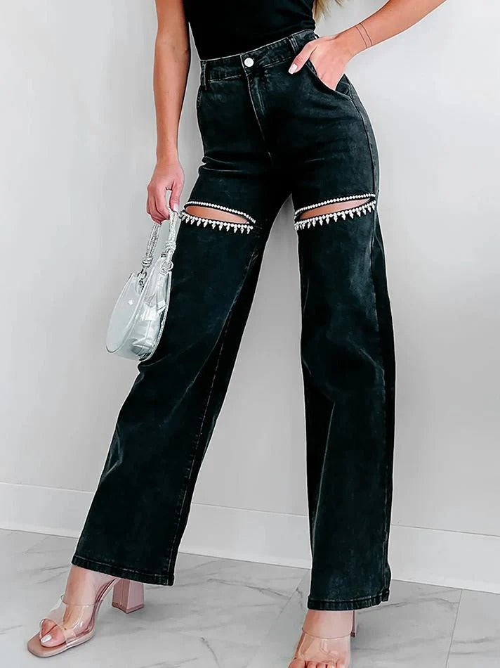 Ingrid | Jeans rectos desgastados con detalle Strass