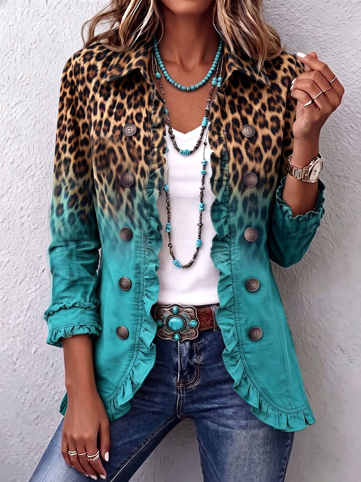 ELSPETH | Chaqueta Blazer Ombré de Leopardo con Volantes